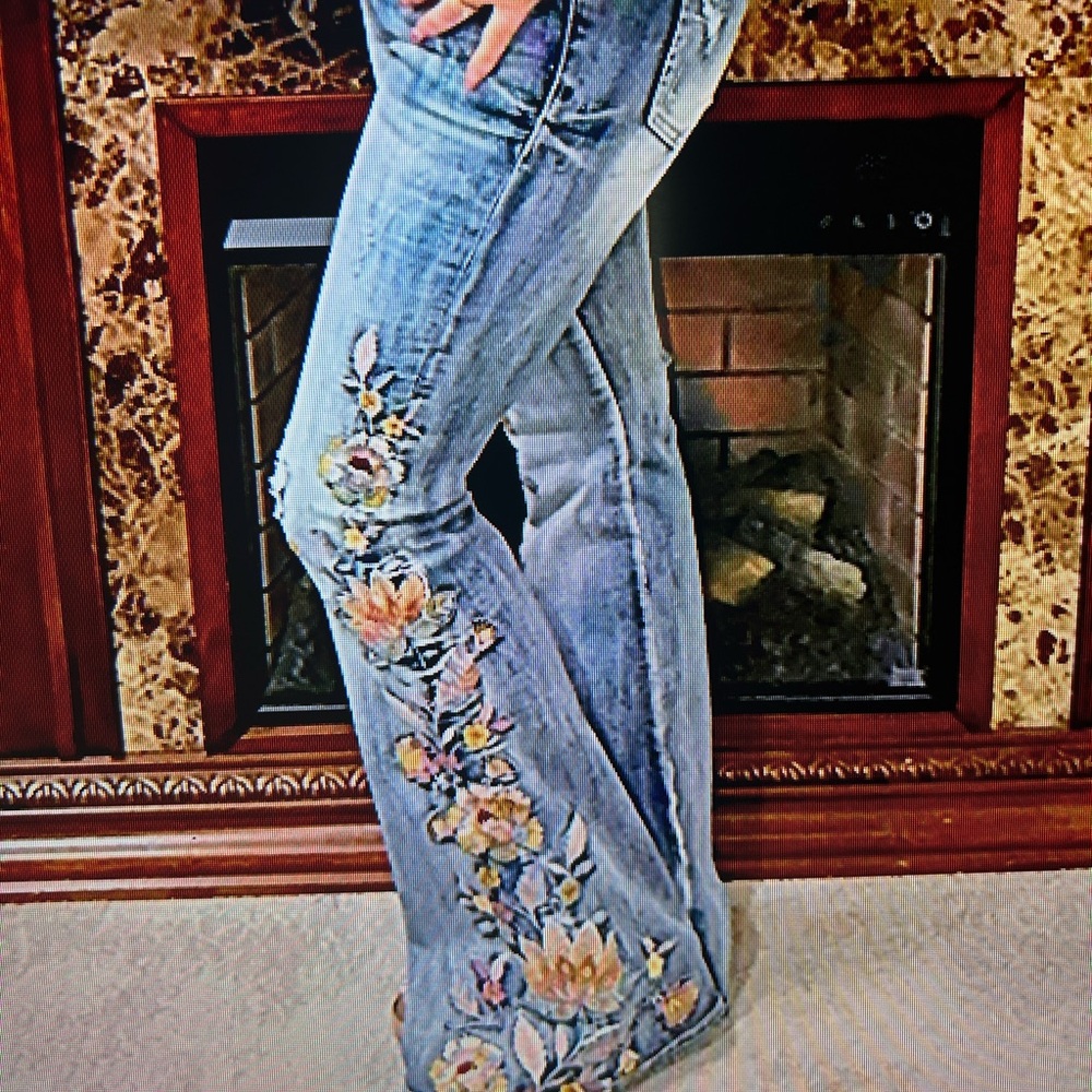 Grace in LA Orange and Yellow Flare Jeans with Floral Embroidery. 27 32
